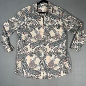 Chicos Paisley Print Button Up Shirt Women Size 3 Long Sleeve No Iron Beige Pink